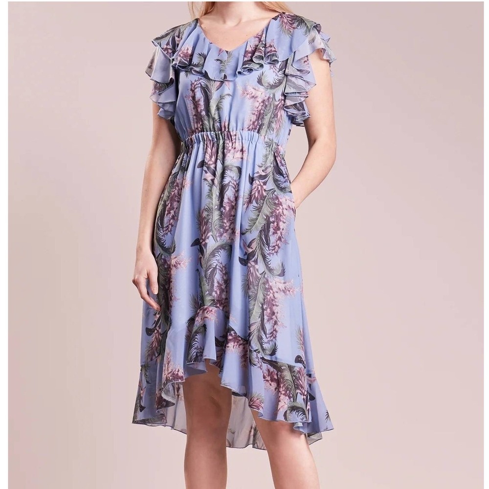 Steffen Schraut Ruffle Midi Dress Womens Blue Tropical Floral High-Low Chiffon